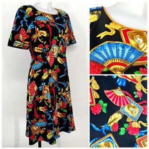 Vtg Nipon Boutique 100% Silk Dress 10 Black Gold Multicolored Fan Portrait Print